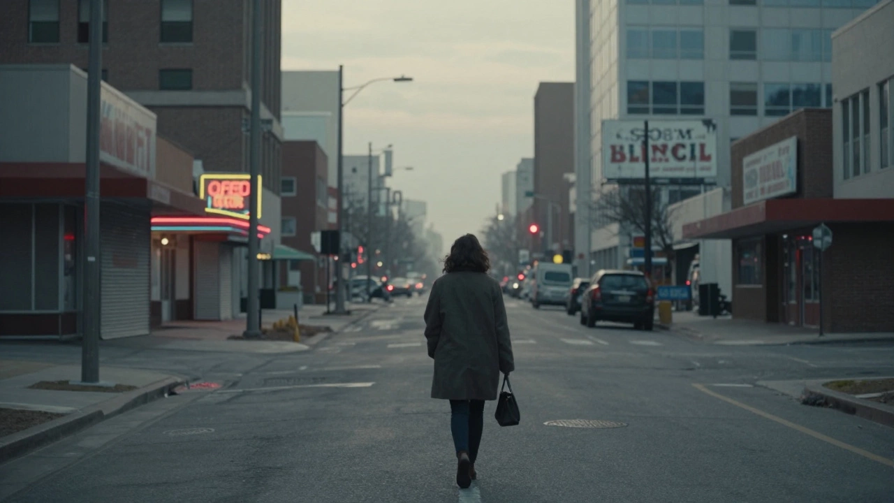 A lone woman walking away down an empty city street at dawn, surrounded by faded signs.