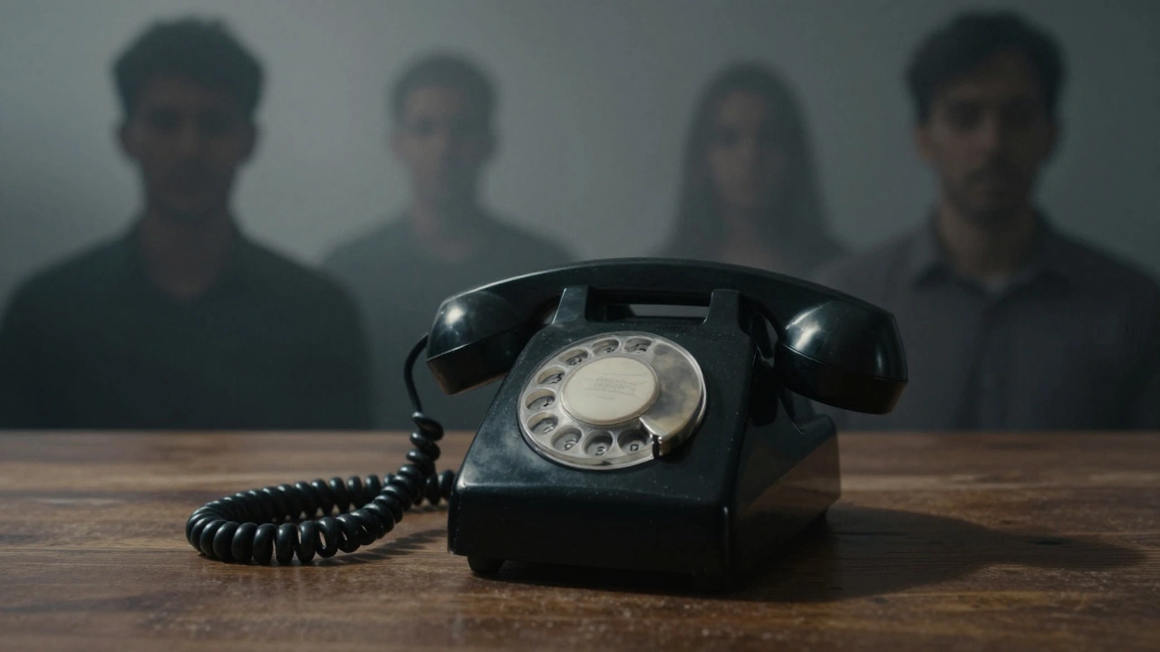 An old telephone with ghostly silhouettes of faceless callers fading into the background.